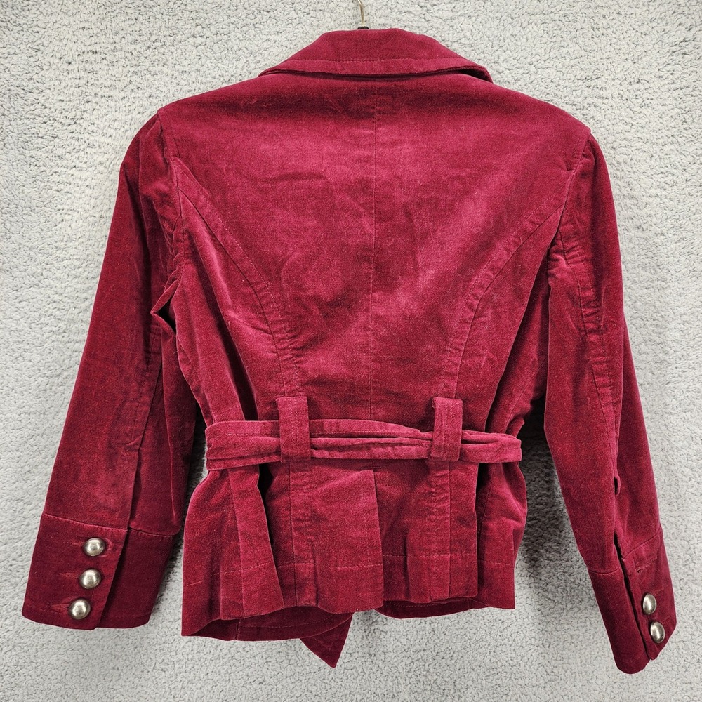 Bebe Womens Burgundy Velvet Belted Blazer Jacket Size 6 Red Wine Silver Buttons - Picture 5 of 8